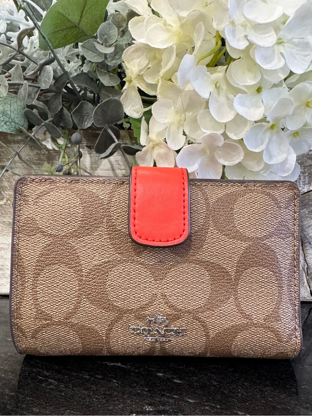 COACH Signature PVC Medium Snap Wallet Khaki Bright Coral Orange